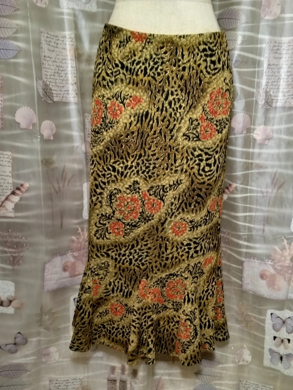 Vintage TanJay Leopard Cheetah Red Floral Motirs Ruffle Hem Aline Midi Skirt M